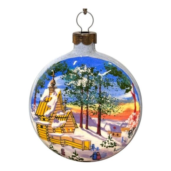 Vintage Hand-Painted Glass Christmas Ornament Winter Village Scene Barn House - Picture 1 of 4